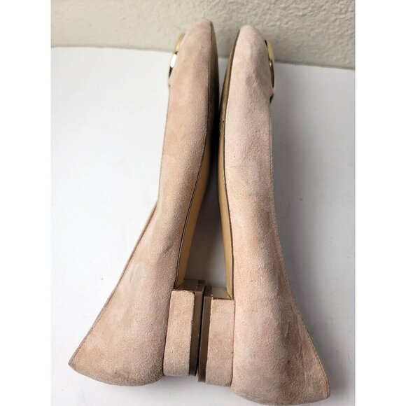 Talbots Nude Suede Ballet Flats Gold Circle Accent Block Heel Size 8 - Picture 6 of 12